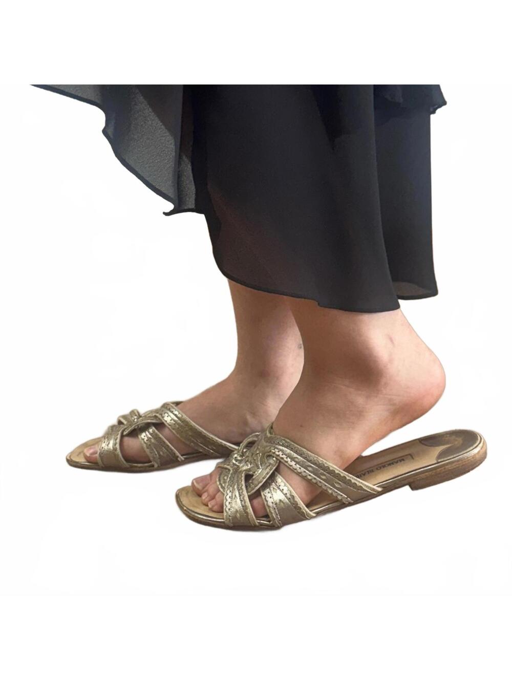 Y2k Manolo Blahnik Metallic Silver Leather Knot Slide Sandals